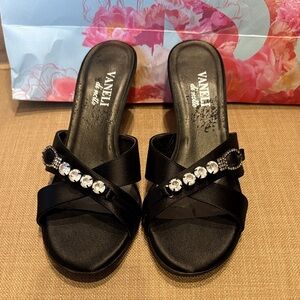 Vaneli Black Satin Mules with Crystal Embellishments